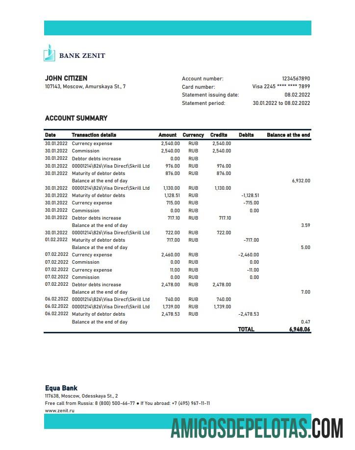 Russia Zenit Bank Statement Xls examplo